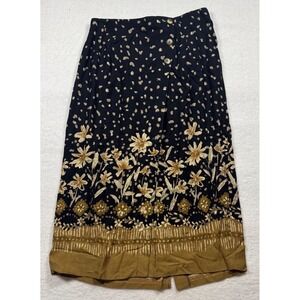 Riverstone Vintage 90s Black Gold Floral Rayon Midi‎ Skirt Size 18